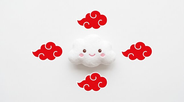 Cute cartoon cloud with smiling face and rosy cheeks, surrounded by four decorative red swirling clouds, symmetrical playful artistic composition.