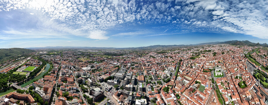 Panoramic aerial view of Prato Tuscany with urban skyline and countryside