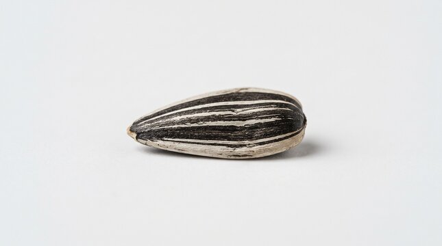 Single sunflower seed on plain white background, elongated oval shape with pointed end, striped black and beige shell, minimal composition highlighting texture and detail.