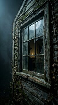 Cinematic close up of abandoned haunted house window at night