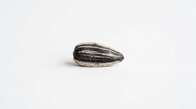 Single sunflower seed on plain white background, elongated oval shape with pointed end, striped black and beige shell, minimal composition highlighting texture and detail.