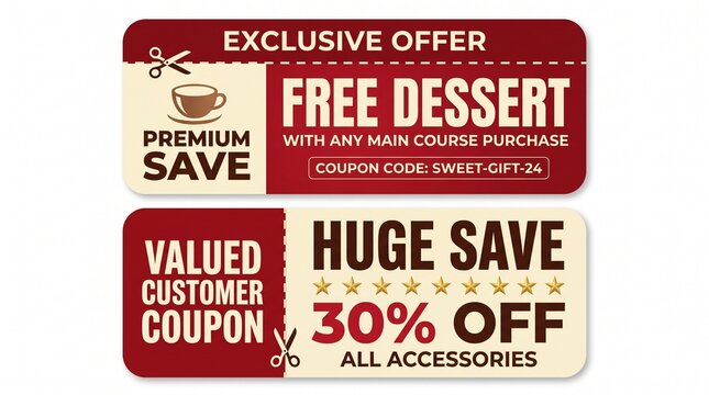 Set of two promotional discount coupons with free dessert and accessory sale offers.