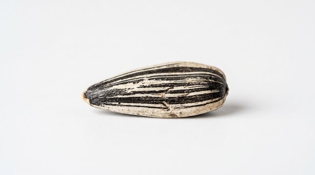 Single sunflower seed on plain white background, elongated oval shape with pointed end, striped black and beige shell, minimal composition highlighting texture and detail.