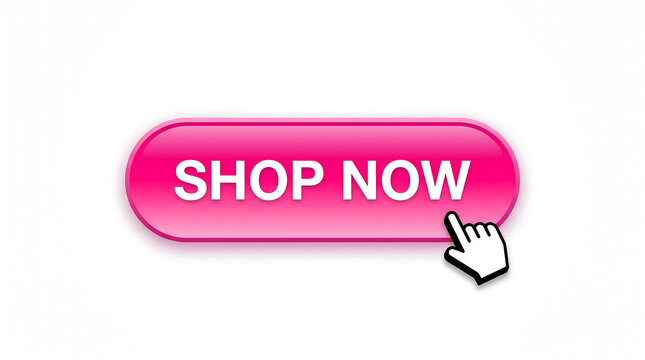 Bright pink glossy shop now button with a digital hand cursor clicking on white surface
