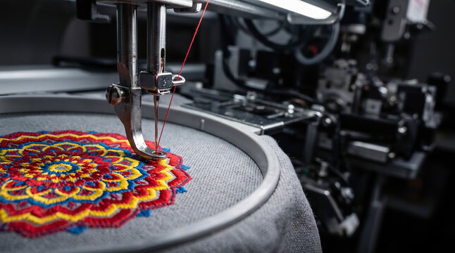 A machine is working on a fabric to create a colorful design. Thread moves in and out as the needle makes patterns. The scene is set in a workshop with tools nearby