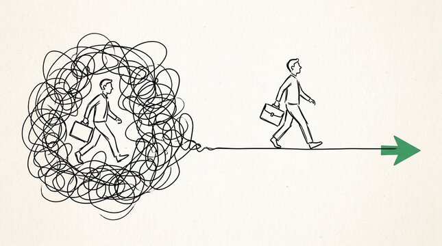 Line drawing of person with briefcase walking through chaotic scribble transforming into straight line ending in green arrow, concept of moving from confusion to clarity and progress.