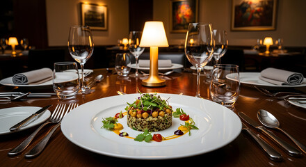 Fototapeta premium Elegant restaurant table setting with gourmet food and wine glasses
