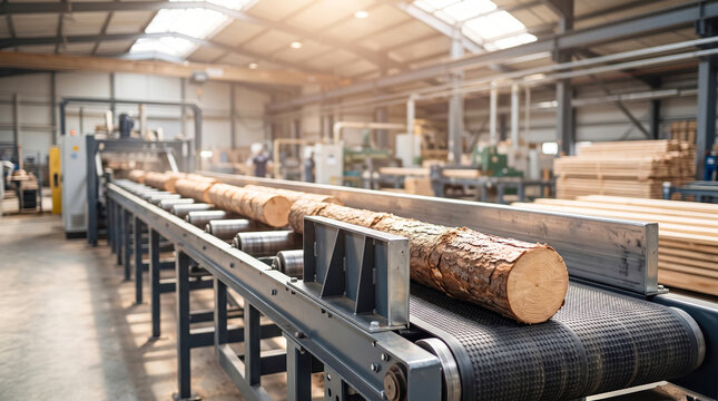 The scene shows logs traveling on a conveyor belt in a lumber processing facility. Workers are present in the background engaged in various tasks. Sunlight enters through windows