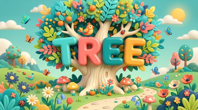 Cute 3D clay style cartoon illustration featuring the word "TREE" integrated into a lush oak tree filled with colorful leaves, a little bird, flowers, and mushrooms.
