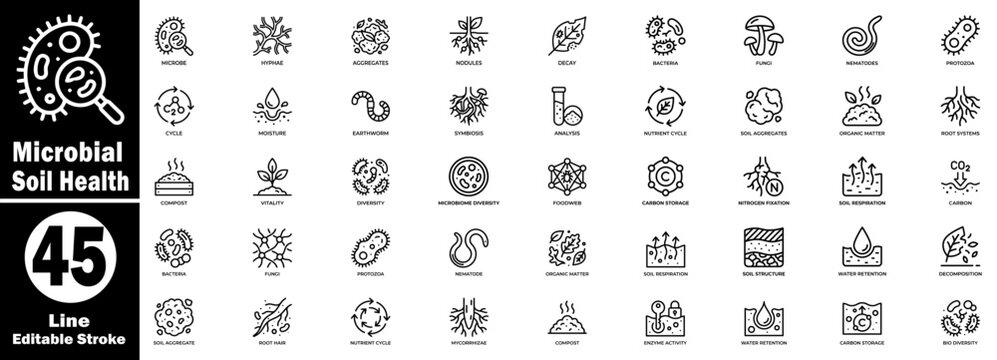 Microbial soil health line icon set. High-quality microbial symbols. Editable stroke. vector illustration