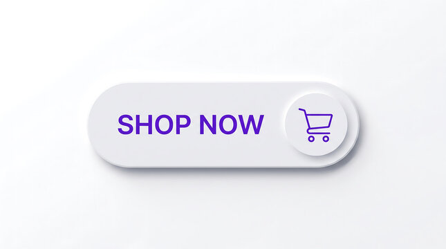 Modern shop now button featuring purple text and a cart icon with clean white background shadows