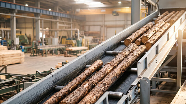 Logs are transported along a conveyor belt in a lumber yard. The setting is a busy workshop with machinery and tools visible in the background. Light shines through the windows