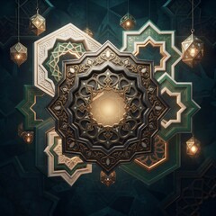 Fototapeta premium Eid Abstract Background – Turquoise Gold Floating Lantern-Inspired Architectural Sculpture
