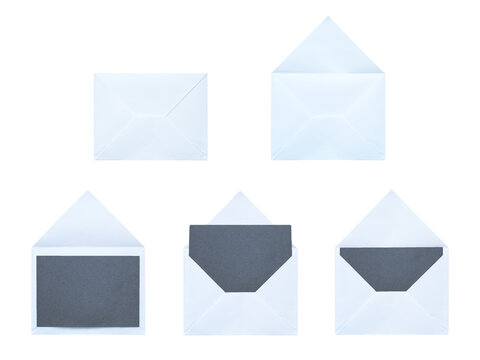 Minimalist white envelopes with grey blank cards designed for formal corporate correspondence and solemn funeral notices on a transparent background