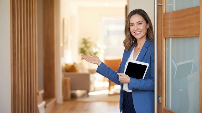 A woman stands at the entrance of a bright home. She smiles and gestures with her hand as she holds a tablet. The background shows a cozy living room filled with light