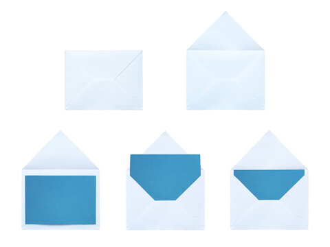 Pristine white envelopes with light blue blank cards ideal for baby boy shower invitations and calm medical branding on a transparent background