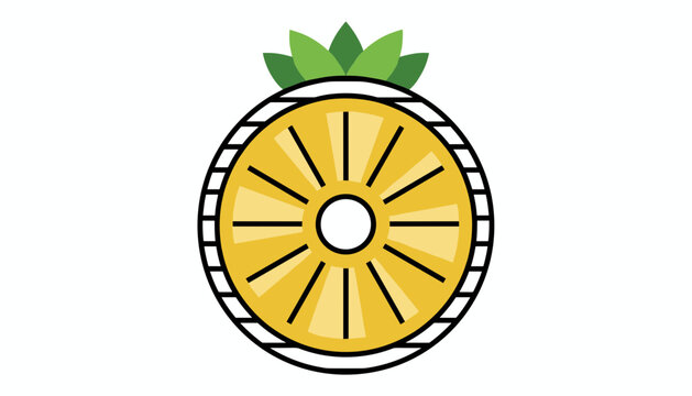 Sliced yellow pineapple illustration styled in a circular geometric frame with green leaves at the top.