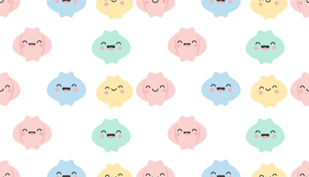 Adorable seamless pattern showing colorful smiling dumpling characters with happy faces on a white background.