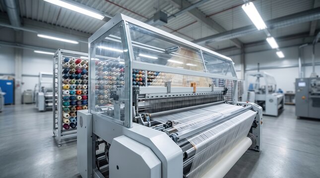 A large weaving machine works in a busy textile factory. The machine uses multiple spools of thread, creating fabric as workers oversee the process. The area is well-lit and organized