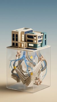 3D render of a protective container with school buildings symbolizing education resilience