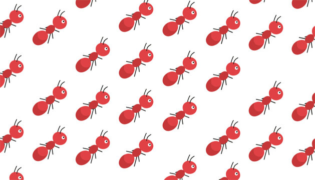 Fascinating seamless pattern of small red ants marching in diagonal rows on a clean white background, vector graphic.