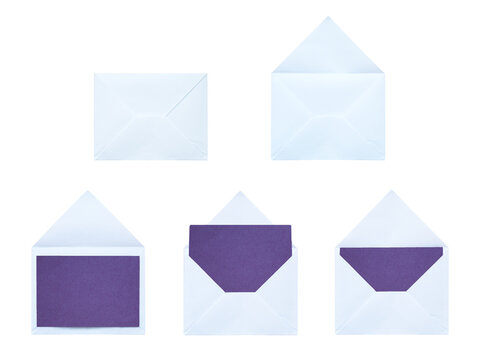 Crisp white envelopes with purple blank cards for elegant event invitations and creative branding on a transparent background