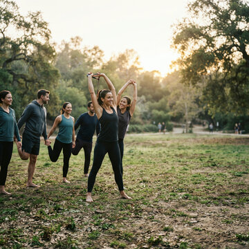 Group of six adults stretching with a resistance band in a green autumn park