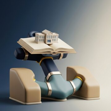 3D render symbolizing education protection with a book and school buildings