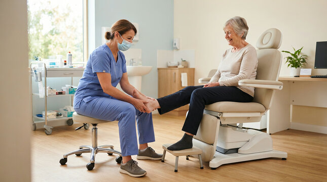 Healthcare worker in blue scrubs and face mask examining elderly patient foot in medical clinic