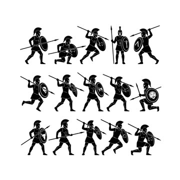 Set of silhouettes of ancient greek spartan warriors in various combat poses with spears and shields