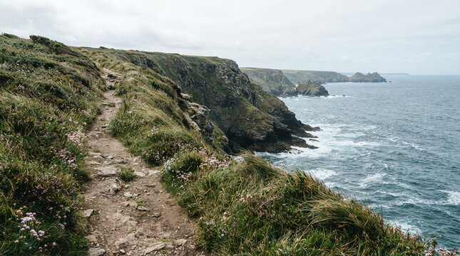 Narrow Dirt Path Winding Along Grassy Cliff Edge Overlooking Turquoise Ocean Waves and Rocks