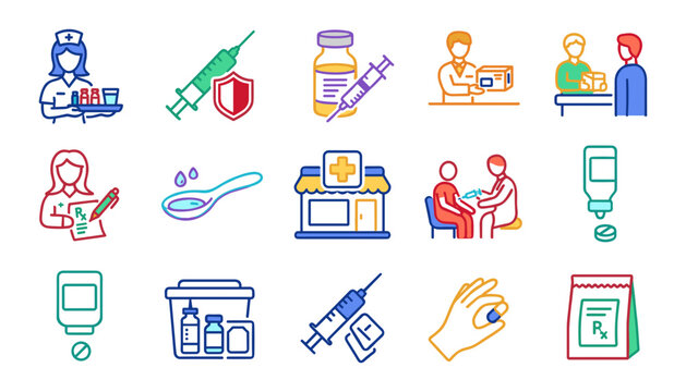  Medical pharmacy and healthcare services vector icon set featuring nurse care vaccinations hospital prescriptions and clinical treatment
