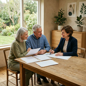 Senior Couple Discussing Financial Documents with Professional Advisor in Sunlit Home Office