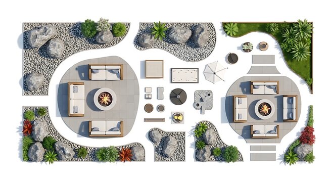 Top view of a modern backyard garden design with seating and fire pit