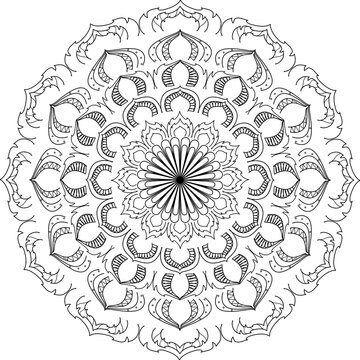 Intricate floral and leaf mandala circular pattern line art for coloring page.