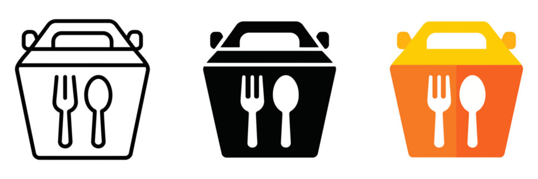Lunch box vector icons set, takeaway food container with fork and spoon symbols, meal delivery packaging graphics