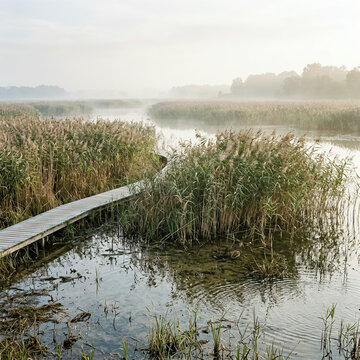 Weathered wooden pier extending into misty wetland surrounded by tall reeds and tranquil water