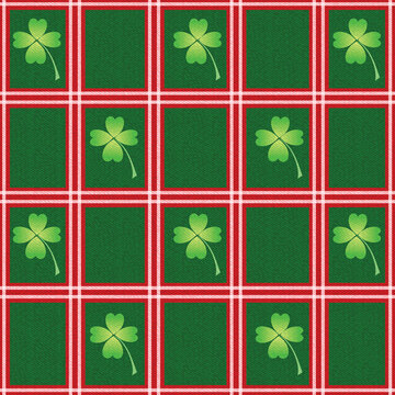 St Patricks Day seamless pattern with lucky four leaf clovers on green plaid background.