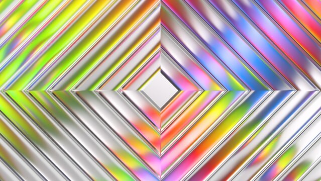 A vibrant, symmetrical pattern of diagonal stripes radiates from a central diamond shape, creating a dynamic, kaleidoscopic effect.