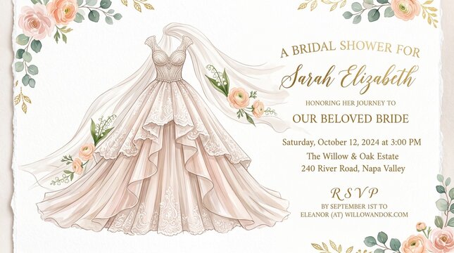 Bridal shower invitation template with watercolor wedding dress and floral border design.