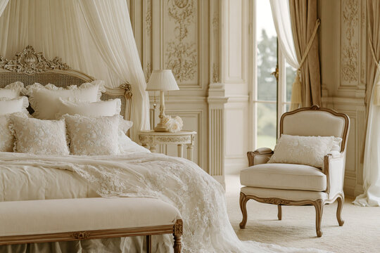 Opulent vintage bridal honeymoon suite in a french chateau with canopy bed and lace wedding gown.