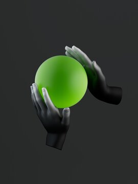 Two hands cradle a glowing green sphere against a dark background. Creative 3D abstract render suitable for theater posters and business visuals.
