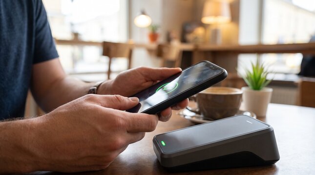 Customer making contactless payment using smartphone at cafe POS terminal