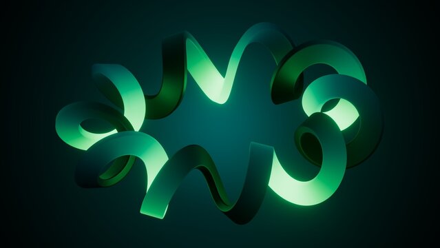 Floating green abstract ribbon cluster with neon glow and fluid curves. Futuristic 3D image for innovation, digital art, and creative backgrounds.