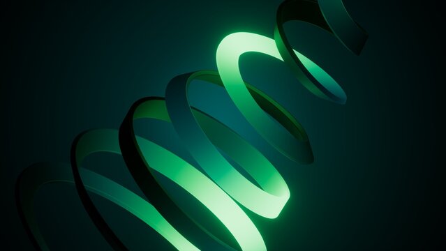 Twisted neon green ribbon creates a sleek abstract spiral in 3D. Bold futuristic background for innovation, motion, and technology branding.