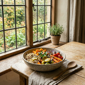 Large ceramic bowl of roasted vegetables and grains on linen draped windowsill with potted herb