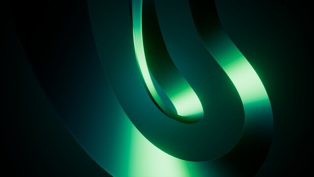 Broad glowing green bands curve through a dark futuristic composition. Sleek abstract 3D background for technology, motion, and modern branding.