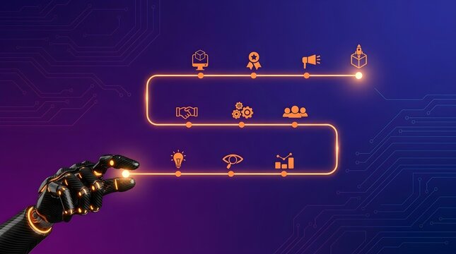 Robotic hand touching glowing digital flowchart with business icons on dark purple background representing modern corporate strategy and development processes