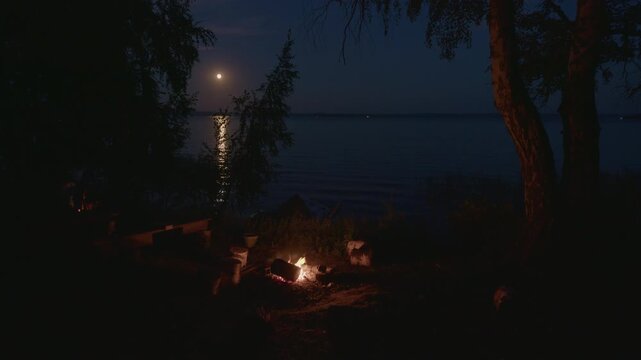 Bonfire burns on the coastal campsite surrounded by trees and with the Moon rising on the background