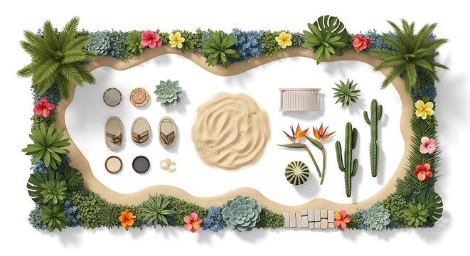 Top view landscape design elements with plants and garden furniture